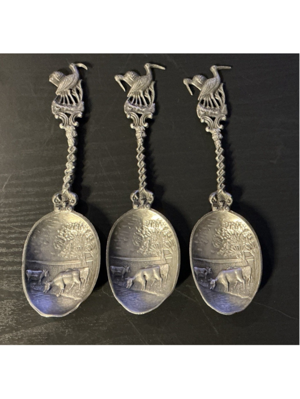 Pewter Decorative Souvenir spoons German Cattle Birds …Lot of 3…